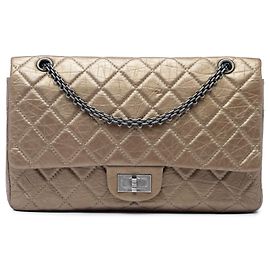 Chanel Reissue 2.55 Double Flap 227 in pelle di vitello invecchiata metallizzata matelassé marrone