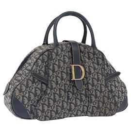 Bolso de mano Double Saddle de lona Trotter Christian Dior Navy Tono Dorado Auth ka6207