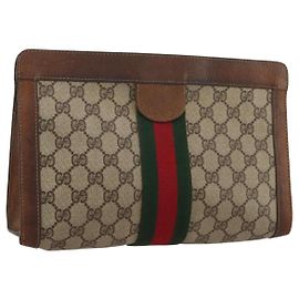 Borsa a pochette GUCCI GG Supreme Web Sherry Line PVC Beige Auth 205187