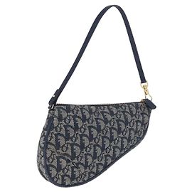 Pouch Saddle Christian Dior Trotter Canvas Navy Gold Auth ka5217