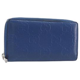 GUCCI GG emboss Langbrieftasche aus Leder Blau Silber 625558 Auth BA15502