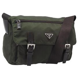 PRADA Shoulder Bag Nylon Khaki Silver Auth mr2887