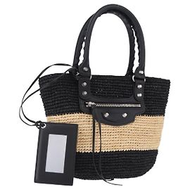 Borsa a mano BALENCIAGA Pannier XS in rafia nera e argento 466498 Auth 196622A