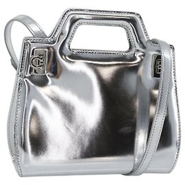 Borsa Salvatore Ferragamo Gancini Wanda in pelle verniciata 2way Argento Auth BAZ481