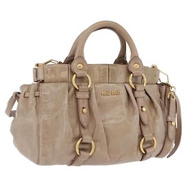 Bolsa de Mão Miu Miu Vitellolux 2way Beige Gold Auth 204328V