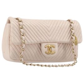 Borsa a tracolla con catena CHANEL con cuciture a V, Pelle d'agnello, Avorio, CC tono oro, Autentica BA15491V