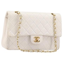 Borsa CHANEL Matelasse Double Flap Chain Bag Lamb Skin White Gold CC Auth 201534