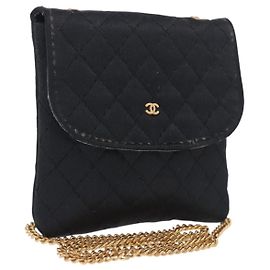 CHANEL Matelasse Chain Shoulder Pouch Satin Black Gold Tone CC Auth 201248