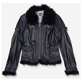 Roberto Cavalli Lederjacke mit Pelzbesatz und Steppnähten aus den 2000ern