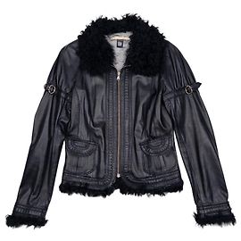 Giacca in pelle trapuntata con bordo in pelliccia Roberto Cavalli anni 2000