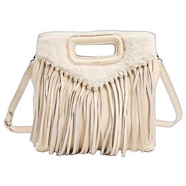 Maje Bolso de flecos en cuero y piel de oveja beige