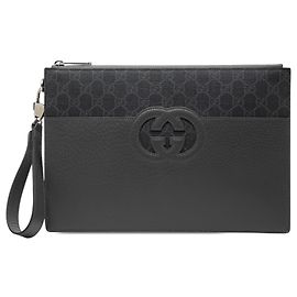Clutch Gucci Black GG Supreme e pelle di vitello con G intrecciate traforate