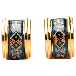 Pendientes de clip Hermès en esmalte azul y chapado en oro Cloisonné