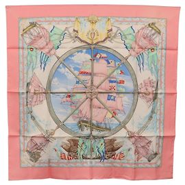 Hermès Pañuelo HERMES Carre 90 de Seda "vive le vent" Rosa Auth ki6861