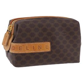 Céline CELINE Macadam Canvas Pouch PVC Leather Brown Gold Auth ki6850