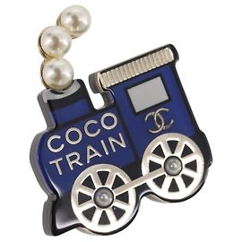 Broche CHANEL Coco Train Metal Azul Tono Dorado CC Auth 205865M
