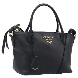 PRADA Handtasche Leder 2way Schwarz Goldfarben Auth 204580M