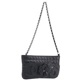 CHANEL Choco Bar Linie COCO Mark Chain Bag aus Leder Schwarz Silber CC Auth 203211V