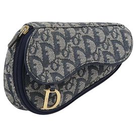 Christian Dior Trotter Canvas Saddle Pouch Navy Gold Ton Auth ar14184