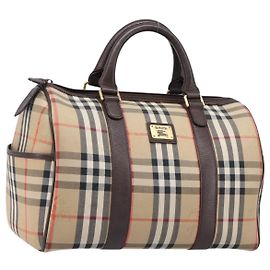 Burberrys Nova Check Boston Bag Canvas Beige Gold Auth am12606V