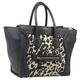 Céline Borsa a mano CELINE Luggage Mini Shopper Canvas Leather Black Gold Auth 203648A