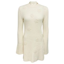 Vestido de malha de cashmere de manga comprida bordado marfim Gabriela Hearst