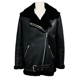 Maje Gombery Leder-Bikerjacke mit Shearling-Futter in Schwarz