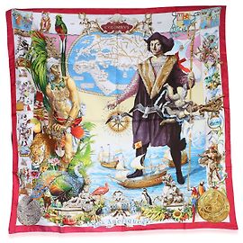 Hermès Red Multicolor Les Ameriques Silk Scarf 90