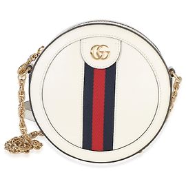 Bolsa Redonda Mini Ophidia Gucci em couro de bezerro texturizado Mystic White com faixa Web