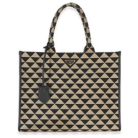 borsa Tote Grande Prada in Jacquard Saffiano Triangolo Symbole Ricamato, Nero e Beige