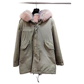 Autre Marque Casaco de algodão cáqui com gola de pele oversize