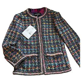 Casaco Chanel de tweed multicolorido padrão pied-de-poule Tamanho 34