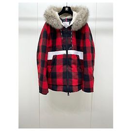 Moncler Red Plaid Wool Down Jacket with Fur Collar