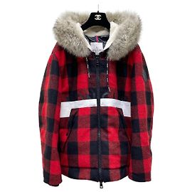 Moncler Red Plaid Wool Down Jacket with Fur Collar
