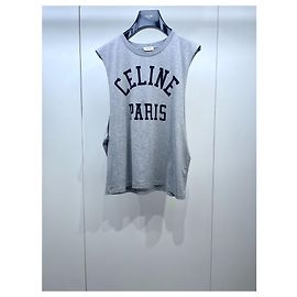 Céline Ärmelloses Baumwoll Top Grau Logo Print