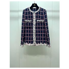 Chaqueta Chanel de Tweed con Cuadros Azules y Rojos Talla 34