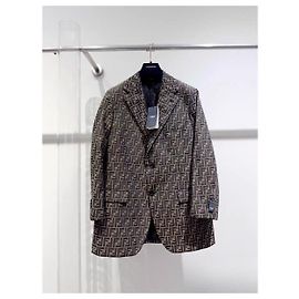 Fendi Logo Pattern Wool Jacket Brown