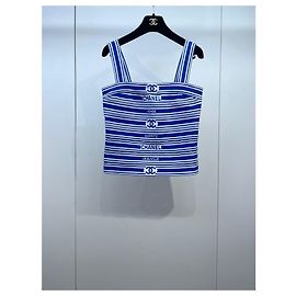 Colete Chanel Sem Mangas de Algodão Listrado Azul e Branco
