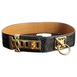 Hermès Cinturón Collier de Chien Médor en Piel de Cocodrilo Negro Charol