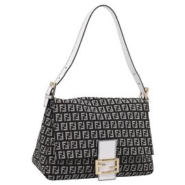 FENDI Bolso Mamma Baguette de lona Zucchino Negro Gris Dorado
