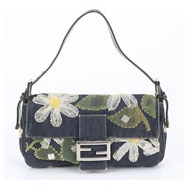 Fendi Flower Denim Mamma Bucket Baguette Schultertasche aus Leder