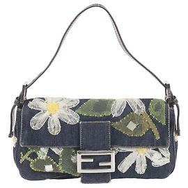 Borsa a tracolla Fendi Flower Denim Mamma Bucket Baguette in pelle
