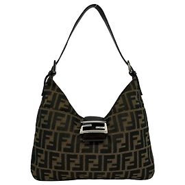 Borsa semi-spalla in pelle e tela con motivo logo Fendi Zucca FF