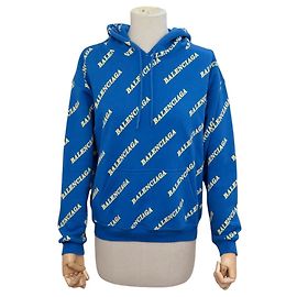 NEUF HOODIE BALENCIAGA 612959 SWEAT A CAPUCHE LOGO ALL-OVER BLEU FEMME M 38