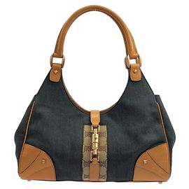 Gucci Handtasche aus blauem Denim und hellbraunem GG Canvas 124407