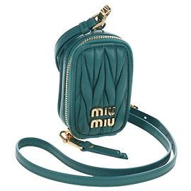 Miu Miu Matelasse Neck Mini Pouch Leather Green Gold Tone Auth 167613M