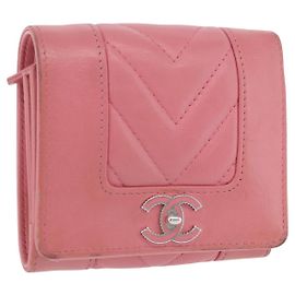 Portafoglio Bifold CHANEL V Stitch COCO Mark Lamb Skin Pink Silver CC Auth 204061A