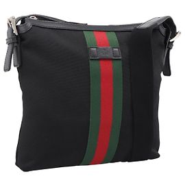 Bolsa de Ombro GUCCI Web Sherry Line Canvas Black Silver 387111 Auth 204729A