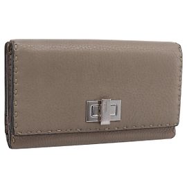 Cartera larga FENDI Celeria de piel Beige Silver 8M0308 Auth BA15601