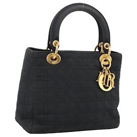 Bolsa de mão Christian Dior Canage Canvas Black Gold Auth 204259
